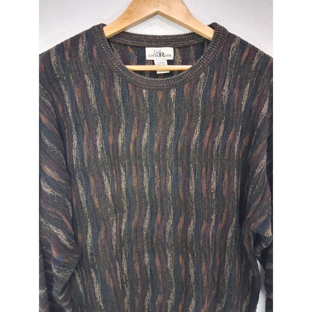 Louis Roth Mens XL Textured 3D Knit Sweater Multicolor Abstract Crew Neck Turkey